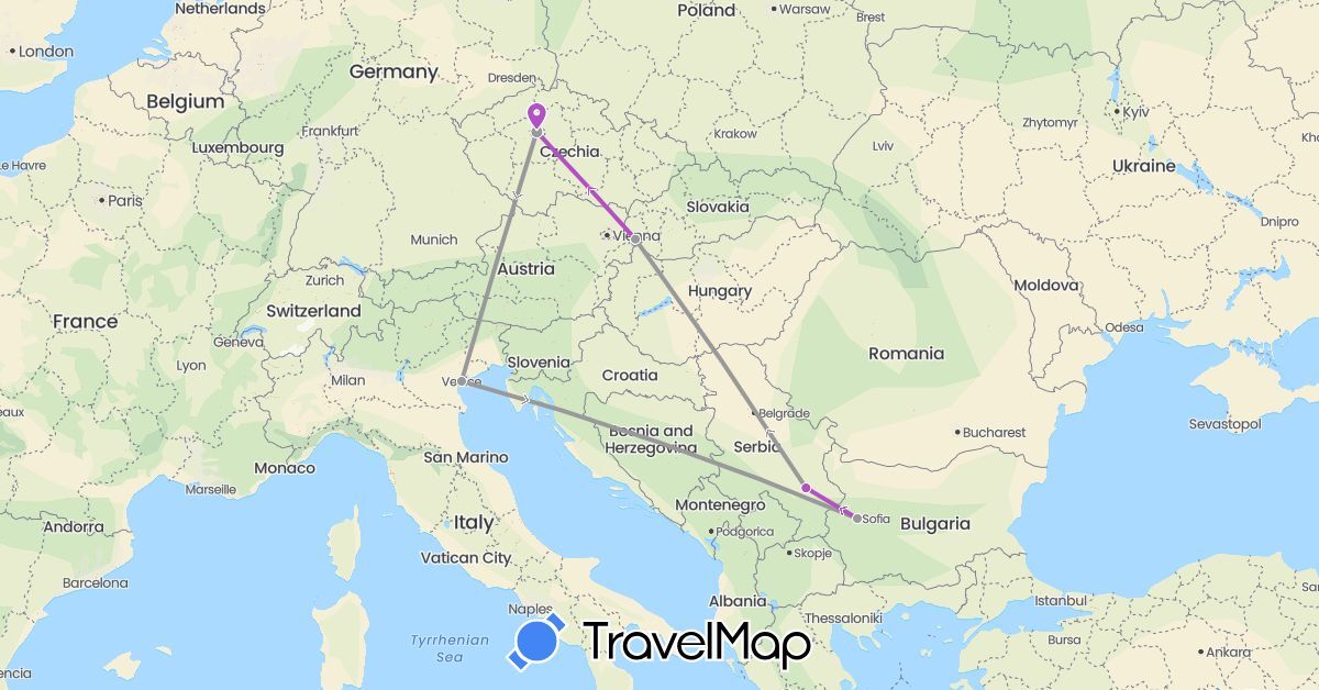TravelMap itinerary: plane, train in Bulgaria, Czech Republic, Italy, Serbia, Slovakia (Europe)